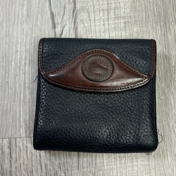 Dooney & Bourke Handbags - Vintage 90s Dooney & Bourke Black Brown Pebble Leather Tri-Fold Wallet Duck Logo